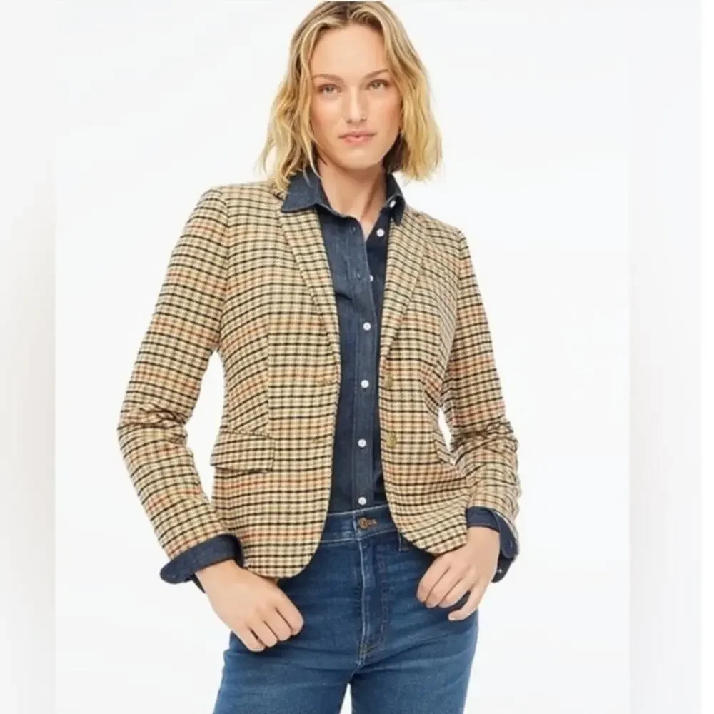 J.Crew Tweed Schoolboy Blazer Women 14 Camel Navy Plaid Gold Crest Buttons NEW